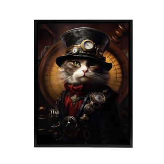 Artery8 Steampunk Sea Cat Captain Concept Framed Canvas Wall Art Print in Brown | Size: W24 x H32