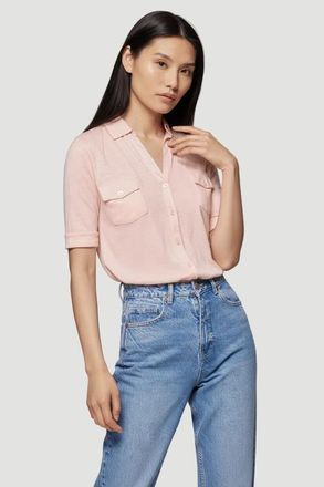Majestic Filatures Stretch Linen 3/4 Sleeve Pocket Shirt in Poudre at Nordstrom, Size 2