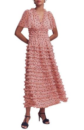 Boden V-Neck Ruffle Tulle Dress in Ivory Black Spot at Nordstrom, Size 10