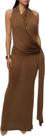 JLUXLABEL Miranda Draped Asymmetric Halter Neck Dress in Brown at Nordstrom, Size Medium
