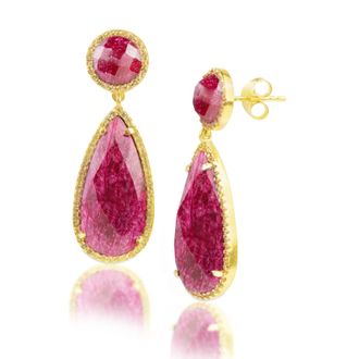 MAX + STONE 18K Gold Plated Genuine Gemstone 2 Stone Dangle Drop Earrings
