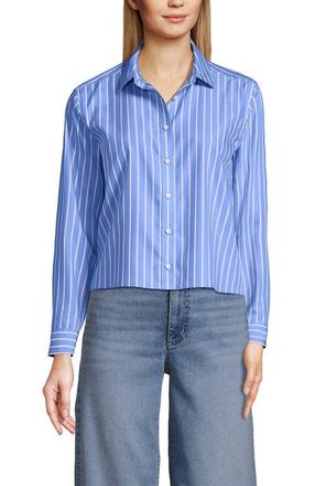 Lands End No Iron Boxy Cropped Shirt in Blue/sunset Coral Stripe at Nordstrom, Size Medium P