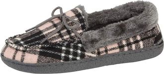 Jo & Joe Ladies Nessie Tartan Faux Fur Lined Moccasin Slippers Shoes Size 3-8 (3 UK, Pink Grey)