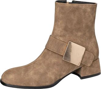 Generic Womens Casual Ankle Boots Round Toe Med Block Heel With Side Zipper And Metal Decoration Everyday Short Booties