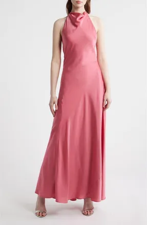 Wayf Sibella Cowl Halter Neck Satin Gown in Punch at Nordstrom, Size X-Small
