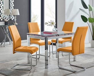 Furniturebox Enna White Glass Extending 4-6 Seater Dining Table & 4 Lorenzo Faux Leather Chairs in Mustard