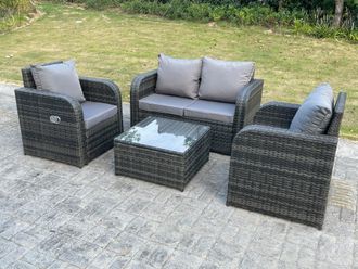 Fimous PE Rattan Garden Furniture Set Adjustable Chair Sofa Double Love Seat 2 Seater Sofa Square Coffee Table in Dark Grey
