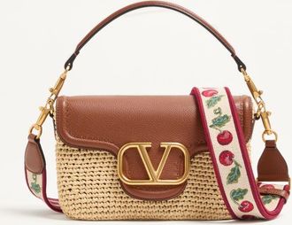 Valentino Garavani Valentino Garavani Alltime shoulder bag in raffia and grainy calfskin with ribbon strap featuring Cherryfic embroidery Wo