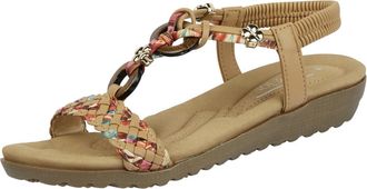 Jo & Joe Ladies Beaded T-bar Low Wedge Sandals - Marrakesh - Tan - UK 6