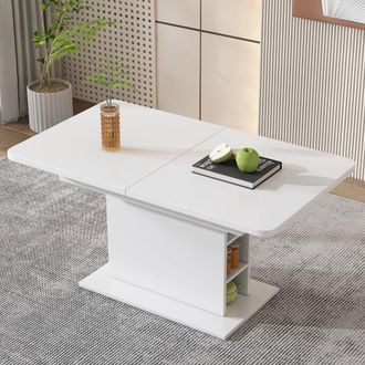 Merax Extendable Rectangular Dining Table with Built-In Storage in White