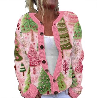 Generic Chunky Knit Cropped Cardigan for Women - Floral Print Long Sleeve V-Neck Open Front Ribbed Cuffs