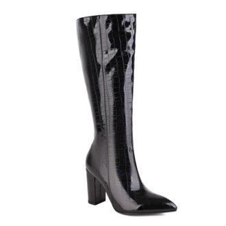 Generic Black,9.5 UK,Womens Leather PU Knee High Boots Pointed Toe Chunky Block Heel Tall Boot Side Zipper Party Club Fall Winter Dress Shoes