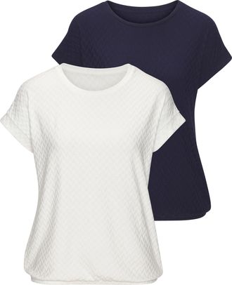 Vivance Kurzarmshirt VIVANCE mit modischem Jacquard-Muster, Damen, Gr. 36/38, weiss (sanftes wei&szlig;, navy), Obermaterial: 63% Polyester, 29% Viskose, 8% Elastha