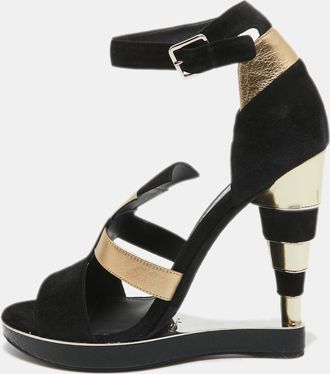 Ferragamo Black/gold Suede Watersnake And Leather Lexus Platform Sandals