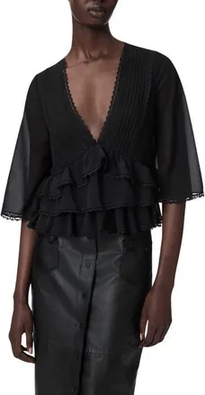 AllSaints Plunge Neck Tiered Ruffle Lace Trim Top in Black at Nordstrom, Size 12