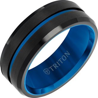 Triton 8MM Tungsten Carbide Ring with Satin Finish with Blue Center Line and Bevel Edge at Nordstrom, Size 11.5