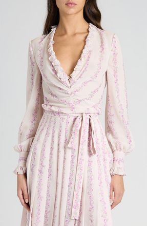 Valentino Garavani Floral Print Ruffle Silk Georgette Top in Avorio/Lilla at Nordstrom, Size 10 Us