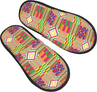 Generic Portable House Slipper Colorful Kente Cloth Pattern Mens Slipper Plush Womens Slippers for Travel Family Ladies L