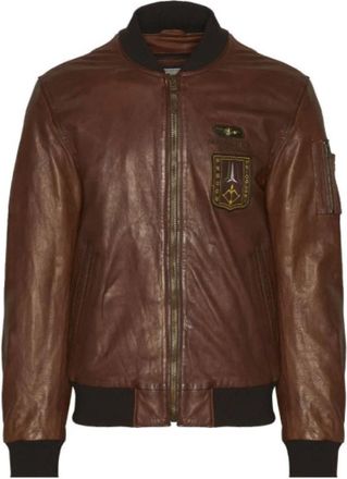Aeronautica Leren Bomberjack met Geribde Afwerkingen - Heren - Leren en Su&egrave;de Jassen - Bruin - 2XL - Katoen - Jassen