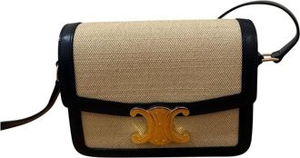 Celine Beige Canvas and Black Calfskin Leather Teen Triomphe Shoulder Bag (Authentic Pre-Loved)