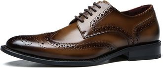 Generic Dress Oxford for Men Lace Up Wing Tip Brogue Embossed Round Burnished Toe Leather Rubber Sole Slip Resistant Low Top Anti-Slip Wedding(Light Brown,6.5