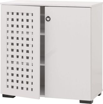 Hhg Non utilizzato] Credenza HHG 355, armadietto, design 3D in vimini 2 ante 3 scomparti con chiusura ammortizzata, 82x80x37cm, bianco