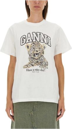 Ganni Tops, Dames, Wit, S, Katoen, Baby Luipaard Grafisch T-shirt