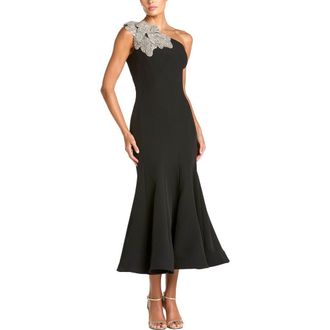 Mac Duggal Petite Crepe One Shoulder Mermaid Midi Dress With Flower in Black at Nordstrom, Size 6P