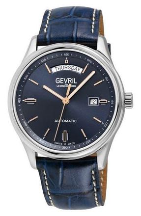 Gevril Group Excelsior Croc Embossed Leather Strap Watch, 42mm in Blue at Nordstrom Rack
