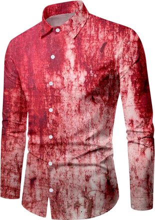 Generic Halloween Sweatshirt for Men Bloodstain Printed Shirt Long Sleeve Turn Down Collar Shirt Costume Cotton Dress Shirts Halloween Dress Up Party Supplies