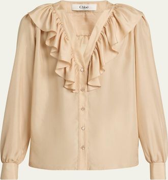 Chloé Ruffled V-Neck Silk Blouse