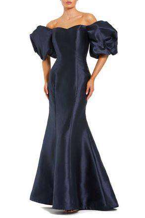 Mac Duggal Petite Sweetheart Off The Shoulder Puff Sleeve Gown in Midnight at Nordstrom, Size 12P