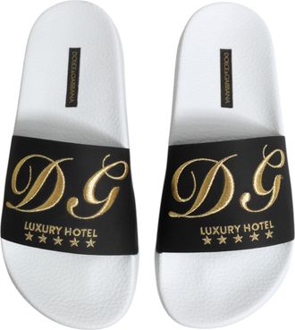 Dolce & Gabbana Mens Logo-Embroidered Calfskin Slides Black Leather Sandal