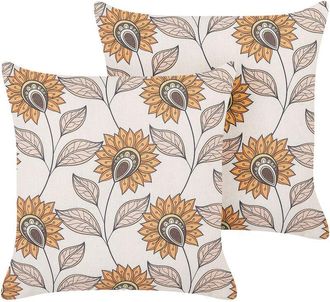 Beliani Conjunto De 2 Cojines Blanco Crema Naranja Beige 45 X 45 Cm Poli&eacute;ster Floral Tuberose