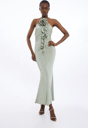 Karen Millen Backless Tie Rosette Slinky Jersey Maxi Dress