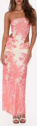 Tiger Mist Poppi Strapless Cutout Maxi Dress in Coral Tapestry at Nordstrom, Size X-Small