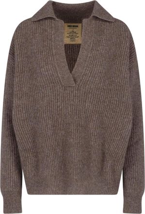 Uma Wang Brown Deep V-Neck Wide-Collar Wool-Blend Sweater