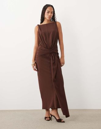 Asos vestito maxi a colonna con dettaglio drappeggiato color cioccolato-Marrone