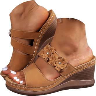 Generic Wedge Sandals For Women Fashion Flower Wedge Retro Round Toe Thick Bottom Fish Mouth Slipper Summer Sandals For Womens 2026 Trendy Dress Shoes (Brown,