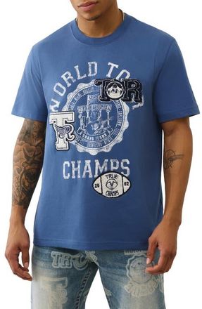 True Religion World Tour Champs Boucl&eacute; Patch Cotton Graphic T-Shirt in Vintage Navy at Nordstrom, Size Xxx-Large