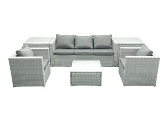 Fimous 5 Seater Rattan Garden Furniture Set with 3 Seater Sofa 2 Chair Square Coffee Table 2 Side Tables Light Grey Mixed