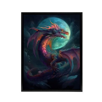 Artery8 Full Moon Dragon Fantasy Framed Canvas Wall Art Print in Blue | Size: W24 x H32