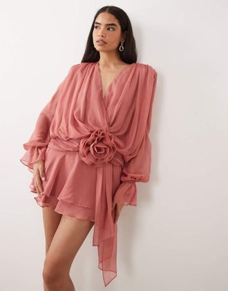 Asos Vestito skater rosa crepuscolare con scollo a V e fiore in vita