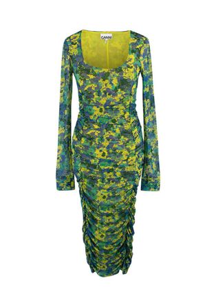 Ganni Multicoloured Rushed Mesh Midi Dress Size XXS