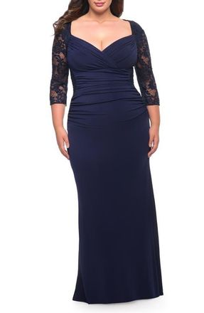 La Femme Jersey Plus Dress with Lace Sleeves and Back in Navy at Nordstrom, Size 14W