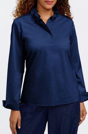Foxcroft Tammy Ruffle Collar Cotton Blend Top in Navy Blue at Nordstrom, Size X-Small