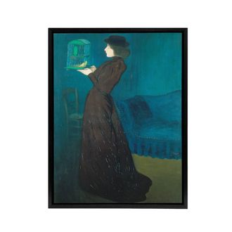 Artery8 Rippl Ronai Jozsef Woman With A Birdcage Framed Canvas Wall Art Print in Blue | Size: W24 x H32