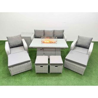 Fimous Pe Rattan Lounge Sofa Set 9 Seater Outdoor Garden Furniture Set with Gas Firepit Table 3 Seater Sofa 2 Big Footstools Side Table Light Grey - Fimous
