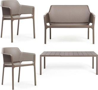 Nardi Rio Alu Ausziehtisch 140 + Net Bank + 2x Net Armlehnstuhl, tortora