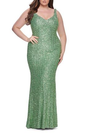 La Femme Fitted Stretch Sequin Plus Size Dress with V-Neck in Sage at Nordstrom, Size 14W